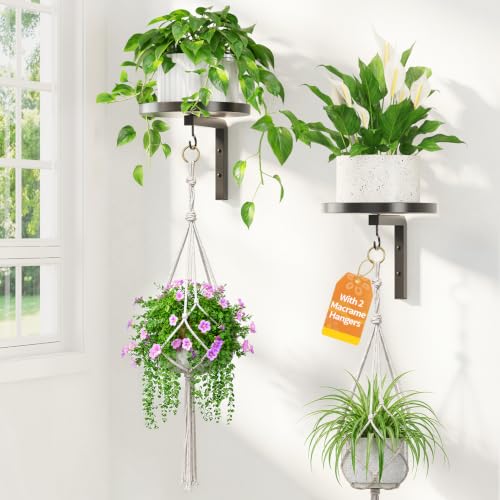 LASZOLA Plant Hanger Holder Wall Indoor with Macrame Hangers, 2 Pcs Black | Modern Metal Floating Shelf Stand, Hanging Flower Display Rack, with Hooks for Outdoor Home Kitchen Decor - color: Deep Black, size: 2