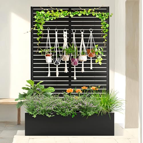 TUYOHW Metal Planter Box with Trellis, Raised Garden Bed with Privacy Screen, Outdoor Planter Box for Climbing Plants, Vine Support Flower Bed with Drainage Holes for Garden, Patio, Balcony - color: Black-louvered-47"w, size: 71"x47"x16"