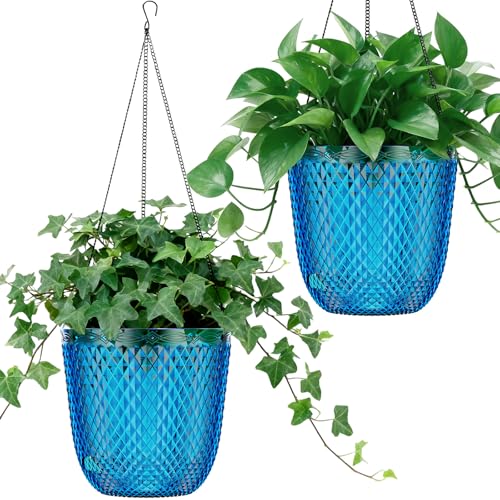QCQHDU Hanging Planters for Indoor Plants, 2-Pack, 5.7 Inch, Klein Blue | Plastic, Self Watering, Plant Hanger, Drainage Holes, 3 Hooks Chains, For Garden Home - color: Klein Blue, size: 5.7in