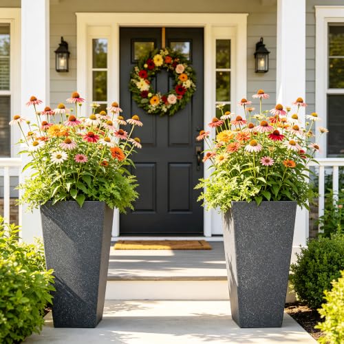 Autodaya 28" Oversized Black Terrazzo-Look PP Tall Planters Set of 2 - color: Faux Black Terrazzo-28"h