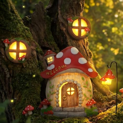 Fairy Door for Trees Outdoor: Resin Glow in The Dark | Miniature Garden Decor with Windows – Weatherproof Elven Gnome House Kit for Yard Tree Stump Wall