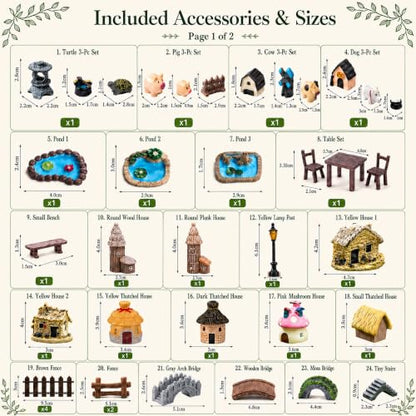 90Pcs Fairy Garden Kit Complete Miniature Figurines Accessories Set with Faux Moss Moss Houses Mushrooms Animals Trees Windmill Fences Pond Decor for Indoor Outdoor Lawn Plant Pots