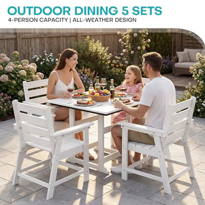 5 Piece Patio Dining Set, HDPE All-Weather Furniture,White | Waterproof 4 Chairs with Armchair Seat & 1 Square Table, Natural Wood Look for Backyard, Garden, Patio - color: White, size: Square 5-Piece Dining Set