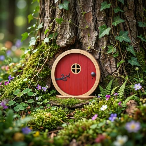 2 Pcs Fairy Doors for Trees Outdoor, Yellow & Red Boxwood Fairy Garden Door for Tree Trunk, Mini Gardens Sculpture Lawn Ornament, Gardens Miniatures (3.94 x 3.82 x 0.20 in)