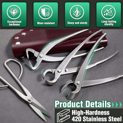 SPEEDWOX 4 Pcs Bonsai Tool Set Heavy Duty Bonsai Tree Kit bonsai pot Concave Cutter,Knob Cutter,Trunk Splitter,Bonsai Scissors Steel Ashinaga Scissors with a storage pouch for live horsetail plants