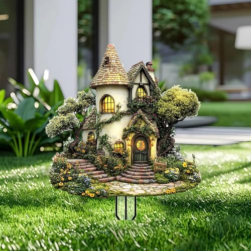 House Garden Stakes Decor Yard Acrylic - 2D Spring Garden Acrylic Sign Decoration, Yard Art, Gift for Nature Lovers, for Indoor & Outdoor Flower Pots, Yard, Mini Gardens & Lawn (5.9”x5.9”) Y25