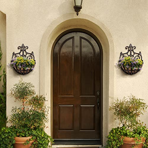 Sungmor 2PC Small Cast Iron Baskets, Heavy-Duty Wall Hanging Hollow Planter w/Fabric Liner, Antique Victoria Half Round Wall Pot Plants Holder, Outdoor Railing Fence Balcony Hanging Basket Flower Pot | Antique Victoria Half Round Wall Pot Plants Holder, O