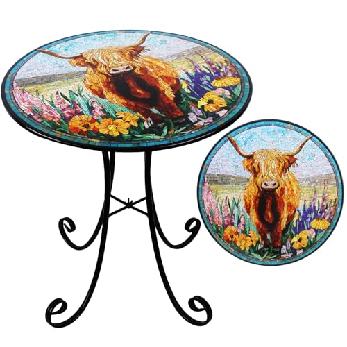 18" Highland Cattle Outdoor Side Table | Round Accent Table, Metal Indoor Small End Tables, Plant Stand Tables for Patio Yard Balcony Garden Bedside - color: Highland Cattle