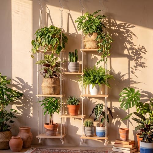 Yalikop Hanging Window Plant Shelves, 8 Tier Boho Indoor Window Hanging Plant Shelf Wood Wall Floating Shelves for Balcony, Living Room & Indoor Garden Decor