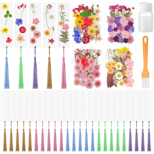 Eaasty 190 Pcs Pressed Flower Bookmark Making Kit, 24 Clear Acrylic Bookmarks with Tassels 140 Dried Floral with Adhesive Tools for Scrapbooking DIY Craft Gifts(Rustic) - style: Rustic