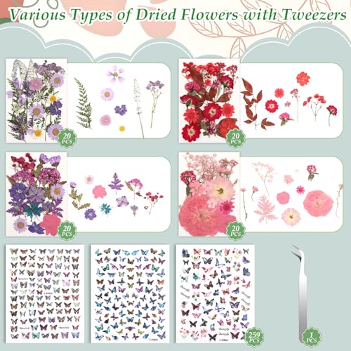 500 PCS Dried Flowers Butterfly Stickers for Crafts Real Natural Pressed Flowers Dry Leaves Kit for DIY Making Crafts Resin Soap Candle Scrapbook Supplies Card Making Jewelry - size: 500 Pcs Dried Flowers with Butterfky
