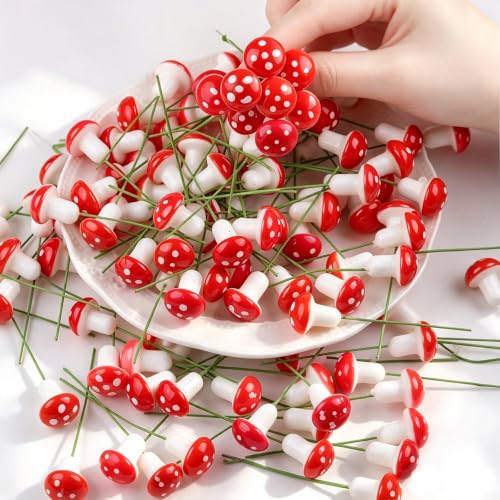 100 Pcs Mini Red Mushrooms for Fairy Gardens, Miniature Realistic Mushroom Accents, Bendable Wire Stem Foam Mushroom Decor for Terrariums, Bonsai, Micro Landscape, DIY Crafts & Fish Tanks Decoration