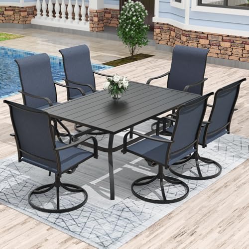 Anmutig 7 Piece Patio Dining Set, 60" Outdoor Table & 6 Blue Swivel Chairs | Weather-Resistant Steel Frame, Textilene Fabric, Umbrella Hole, Easy Assembly, Balcony, Garden, Backyard, Poolside - color: Blue, size: Table-60"*38", style: Arm Style1