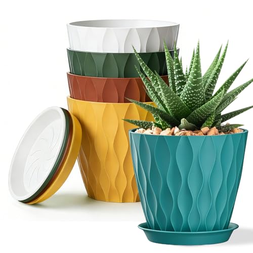 8 Inch Plastic Plant Pots,Set of 5 Flower Pots,Planters with Drainage Holes & Saucers, Indoor Outdoor Garden Pots for Home Decor(Colorful) - color: Colorful