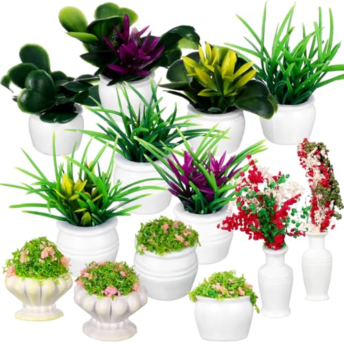 Angoily Miniature Potted Plant Models, 13 Pieces, Assorted Styles | Thirteen Tiny Planter Styles Add Varied Greenery Details to Dollhouses, Fairy Gardens and Miniature Scenes