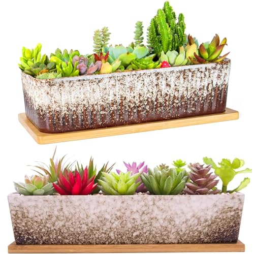 ARTKETTY Succulent Pots - 2PCS Large Succulent Planters with Drainage Tray, Window Sill Planter, Long Rectangle Ceramic Pots for Indoor Cactus Plants Shallow Bonsai Window Box for Home Garden Decor