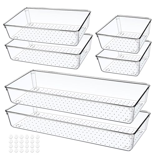 6 PCS Clear Plastic Drawer Organizer, Large 15" X 6" 3-Size Acrylic Stackable Kitchen Drawer Storage Tray, Bathroom Drawer Organizer Trays, Storage bins for Cosmetics Bathroom Kitchen Office - size: 15''+9''+6'' (6 Pack)