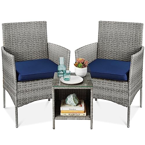 Best Choice Products 3-Piece Outdoor Wicker Conversation Bistro Set, Space Saving Patio Furniture for Garden w/Side Table - Gray/Navy - color: Gray/Navy