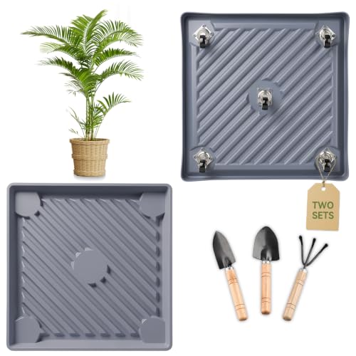 14.5" SquarePlant Caddy Beige with Hidden Wheels & Garden Tools Set | 2-Pack 300 LBS Heavy Duty Plant Caddy with 360° Silent Wheels for Large Planters & Heavy Items Indoors/Outdoors - size: 14.56 Inch - Grey (2 Pcs)