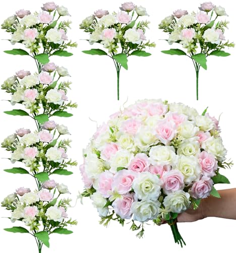 Rose Artificial Flowers Bouquet, 6 Packs Small Roses Flower, 10 Silk Rose Flowers Per Pack, Mini Fake Rose Flower Bunches, Miniature Roses for Decoration Home Wedding Table Centerpieces Decor, Pink - color: Spring Collection in Light Pink