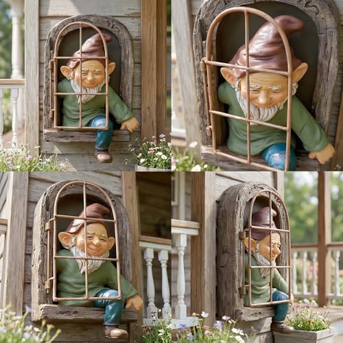 12" Real Gnome Tree Face Hugger Statue,Garden Decoration Climbing Decor Outdoor,Whimsical Fairy Door Tree Face Figurine Lawn Patio Decor,Funny Elves Peeker Sculpture Hanging Yard Art - color: Brown Multi