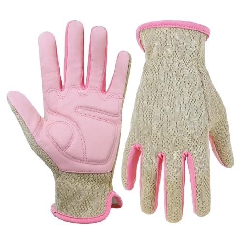 HANDLANDY Gardening Gloves for Women, Leather Garden Glove, Gardener Gift - color: Pink Khaki, size: Medium (Pack of 1)