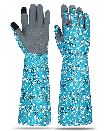 Long Gardening Gloves for Women Thorn Proof Leather Garden Gloves Breathable Working Gloves for Women Yard Outdoor - color: Sky Blue-medium