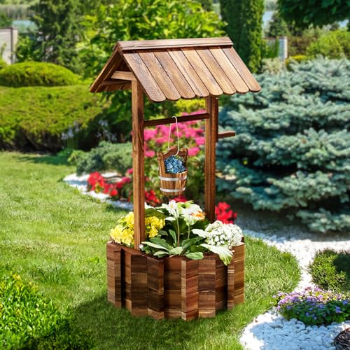 Aoxun Wooden Wishing Well Planter with Hanging Bucket for Flower and Plants, Planter Indoor and Outdoor, Home Decor for Patio Garden, Brown