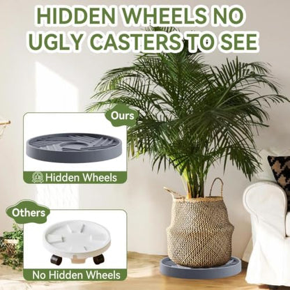 2 Pcs Plant Caddy with Hidden Wheels 11.22 Inch Heavy Duty Rolling Plant Stand, Indoor Outdoor Plant Saucer Tray with $9.9 Garden Tools (Gray) - size: 11.22 Inches of 2 Pack (Gray)