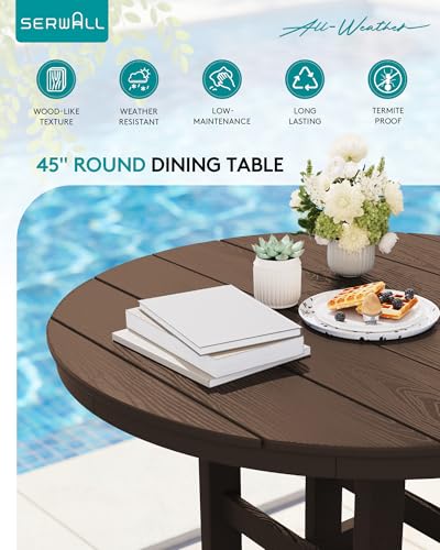 SERWALL 5-Piece HDPE Round Dining Set, 45" Table, 4 Chairs, Coffee - color: Coffee