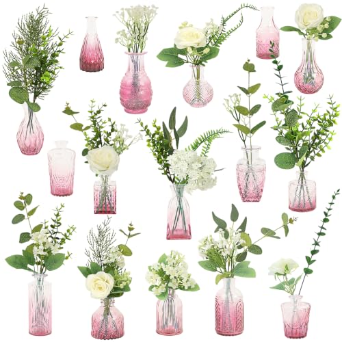 WARMALL Artificial Flowers with Vases, 16 Pcs Pink Bud Vases, & 81 Pcs Artificial Plants DIY Set Suitable for Centerpieces Table Weddings Party Office and Indoor Decor Mini Small Glass Clear - color: Pink