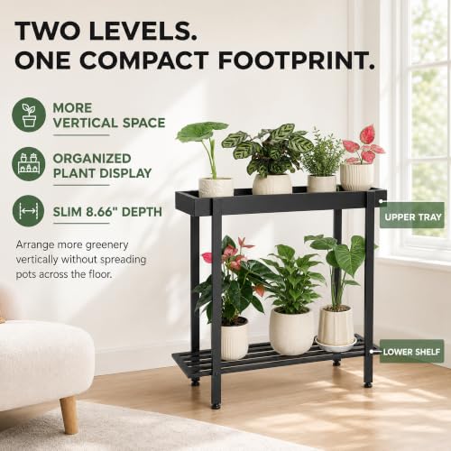 Honla 2 Tier Metal Plant Stand,Indoor Outdoor Plant Table for Window,Black | 26"L x 8.66"W x 24.40"H,Protective Raised Rim,Drainage Holes,Adjustable feet,110 lbs Weight Capacity,Rugged and Wobble-Free - color: Black