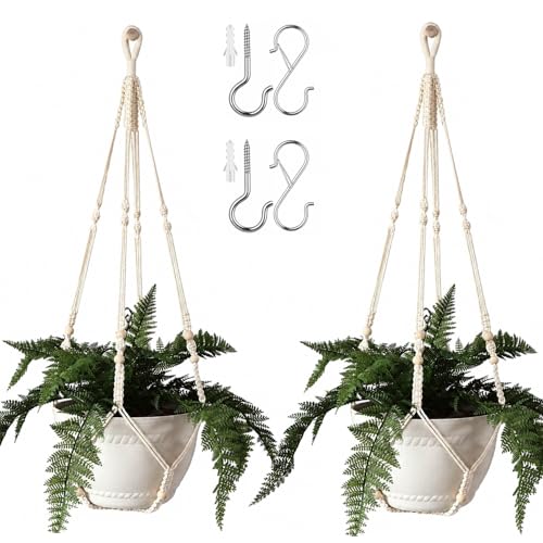 Bouqlife 43 Inches Macrame Plant Hanger Large for 14 inch Pot Extra Long No Tassel Cotton Rope Hanging Plant Holder with Ceiling Hooks Bohemian Home Décor Beige 2Pack