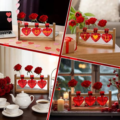 Remerry Red Heart Plant Terrarium with Wooden Stand 3 Heart Glass Vases Planter, Tabletop Propagation Hydroponics Station, Mother's Day Plant Lovers Gift - color: Red, size: 3 Heart Vases, style: Red Heart
