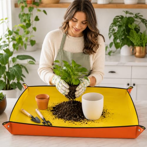 Waterproof Plant Repotting Mat for Indoor Gardening, Foldable Potting Mat,39.4" x 29.5" Square Transplanting Pad with Copper Buckles for Mess Control,Orange - color: Orange, size: 39.4" x 29.5"