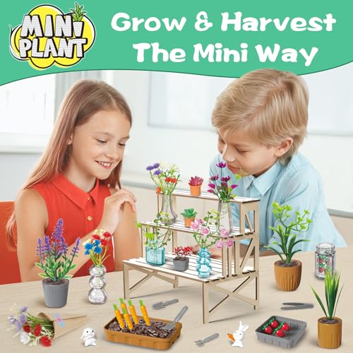 70 PCS Make It Miniature Nature Garden Plants Set - DIY Botanical Collectibles Craft Kit W/ Wood Display Stand - Tiny Paper Flower Bouquet, Succulents & Bonsai Decor - Creative Gift for Kids & Adults