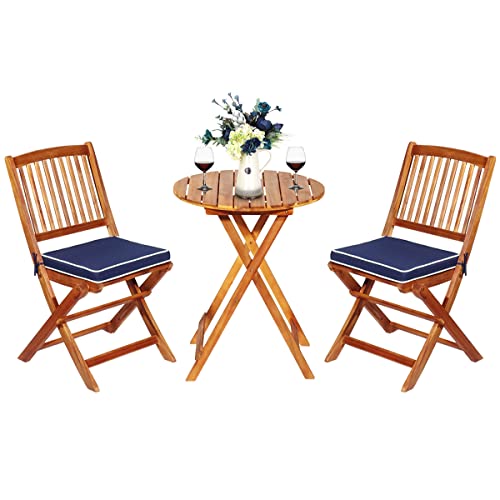 ORALNER 3-Piece Acacia Wood Folding Patio Bistro Set, Small Outdoor Balcony Furniture, Round Coffee Table and 2 Chairs with Soft Cushions, Teak Table Set for Porch, Backyard, Deck (Navy Blue) - color: Navy Blue