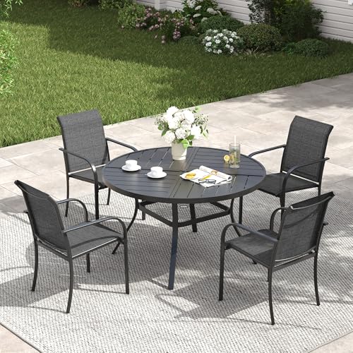 VICLLAX Patio Table and Chair Set of 4, All Weather Metal Round Outdoor Dining Furniture Set-40.6" Round Outdoor Table and Chairs, Black Tabletop - color: Black Table/Grey Chairs, size: Table-40.6"x 28"