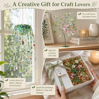 Xapryon Green Glass Beaded Plant Kit with Wire and Craft Guide | Green glass leaf and floral beads with flexible wire and faux moss for beaded plants, jewelry, ornaments and suncatchers