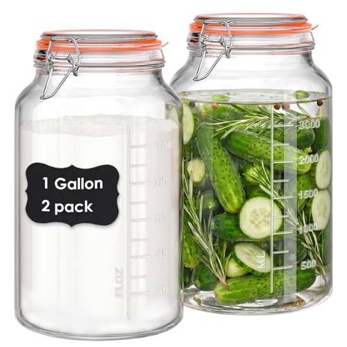 1 Gallon Glass Jars with Lids, 2 Pack Wide Mouth Mason Jars, 138 oz | Airtight Lids, Measurement Marks, Dishwasher Safe, Heavy-Duty Glass Storage Containers for Flour Sugar, Kitchen, Pantry