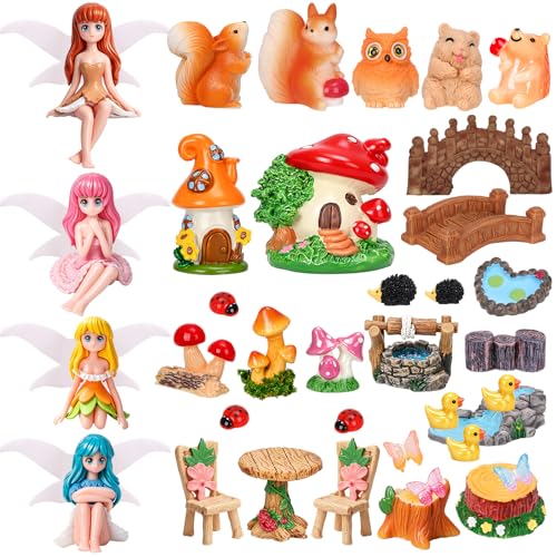 40Pcs Fairy Garden Accessories Miniature Garden Ornaments Kit with Mini Animal Plant Fairies Furniture House Figures Bulk for Micro Landscape DIY Terrarium Potted Plants Dollhouse Decor