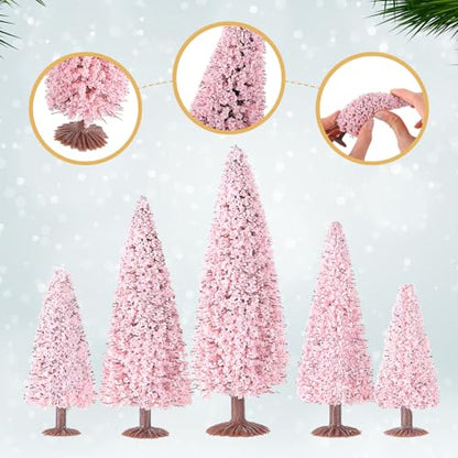 Skylety 20 Pcs Christmas Model Trees 4.72-2.17 Inch Pine Mixed Miniature Trees Small Artificial Cedar Plant for Train Scenery Architecture DIY Crafts Winter Building Model Scenery Landscape(Pink) - color: Pink