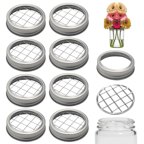 8 Sets Mason Jar Flower Frog Lids, Regular Mouth 70mm Metal Grid Insert, Floral Arrangement Organizer for Canning Jars, Square Hole Flower Holder Lid Accessories - size: 70mm