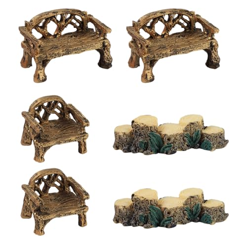 6Pcs Miniature Bridge Figurines and Rattan Chairs Ornament Micro Resin Mini Bench Chair Set Micro Landscape Decorations Accessories