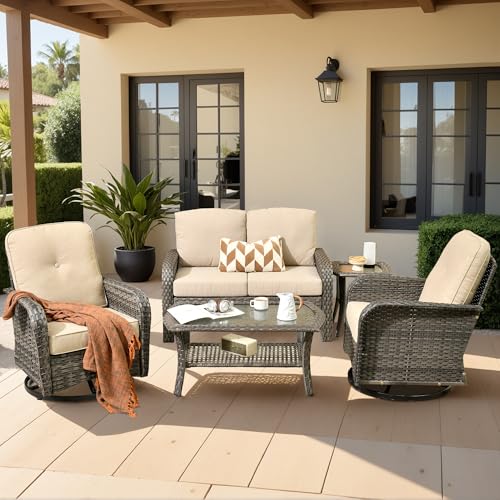5 Piece Wicker Patio Furniture Set with Glider Chair, Beige - color: Beige, size: 5 Pcs Patio Set