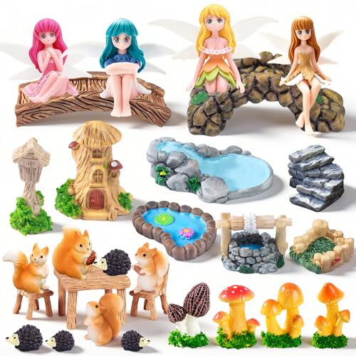 28pcs Fairy Garden Accessories, Miniature Garden Ornaments Landscape Decorations Mini Fairy Figures Animal Plant for DIY Terrarium Potted Plants Dollhouse Desk Decor