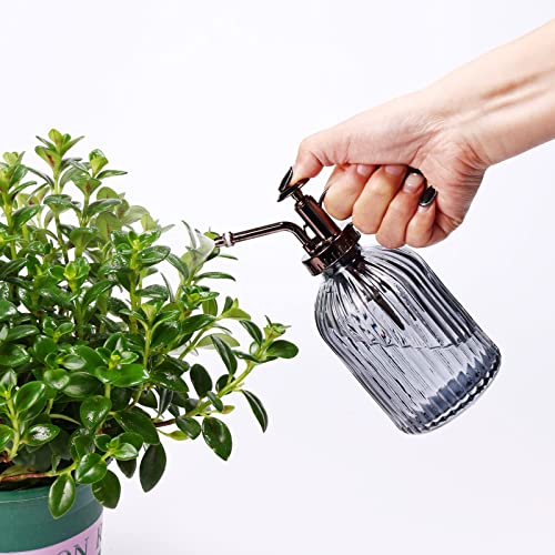 Glass Plant Mister - 7.5" Green Glass Water Spray Bottle with Gold Top Pump, Indoor/Outdoor Small Plant Sprayer (Gray+Bronze)