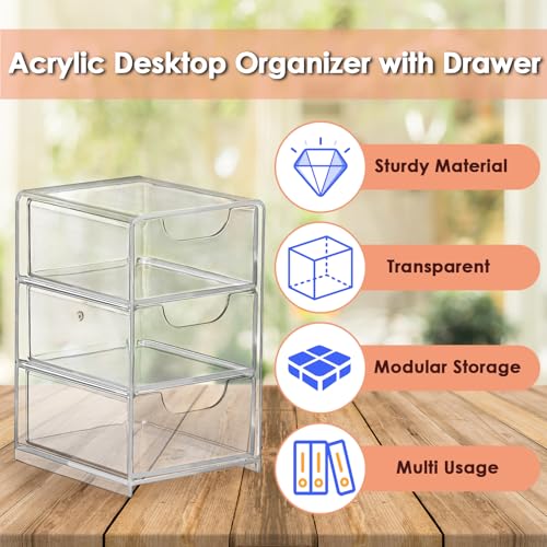 BTSKY 1 Pack Small Acrylic Storage Organizer with Drawers, 3-Layer
