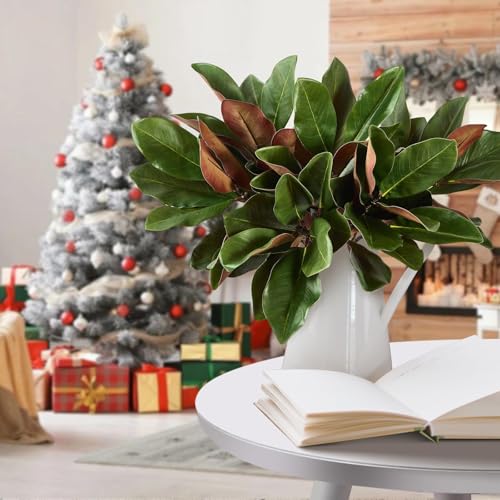 6 Pcs Magnolia Artificial Leaves Branches 22 Inch 3D Real Touch Faux Magnolia Stems Fake Magnolia Twigs for Indoor Outdoor Vase Filling Home Wedding Floral Arrangement Decoration - color: (A) 6 Pcs 22 Inch Green