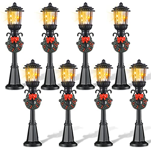 Mudder 8 Pcs 4 Pcs Christmas Miniature Village Lamp Post Light, Fresh | Vintage Lantern for Dollhouse Pathway, Train Layout, Lighted Black Design with Wreath, Fairy Garden Tabletop Accessory - color: Fresh Style